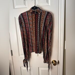 Free People S Multicolor Paisley Mock Neck Long Sleeve Tie Cuff Blouse